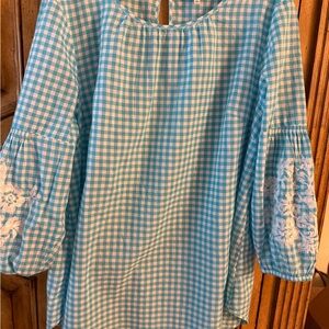 crown & ivy Blue Gingham Tunic with White Embroidery